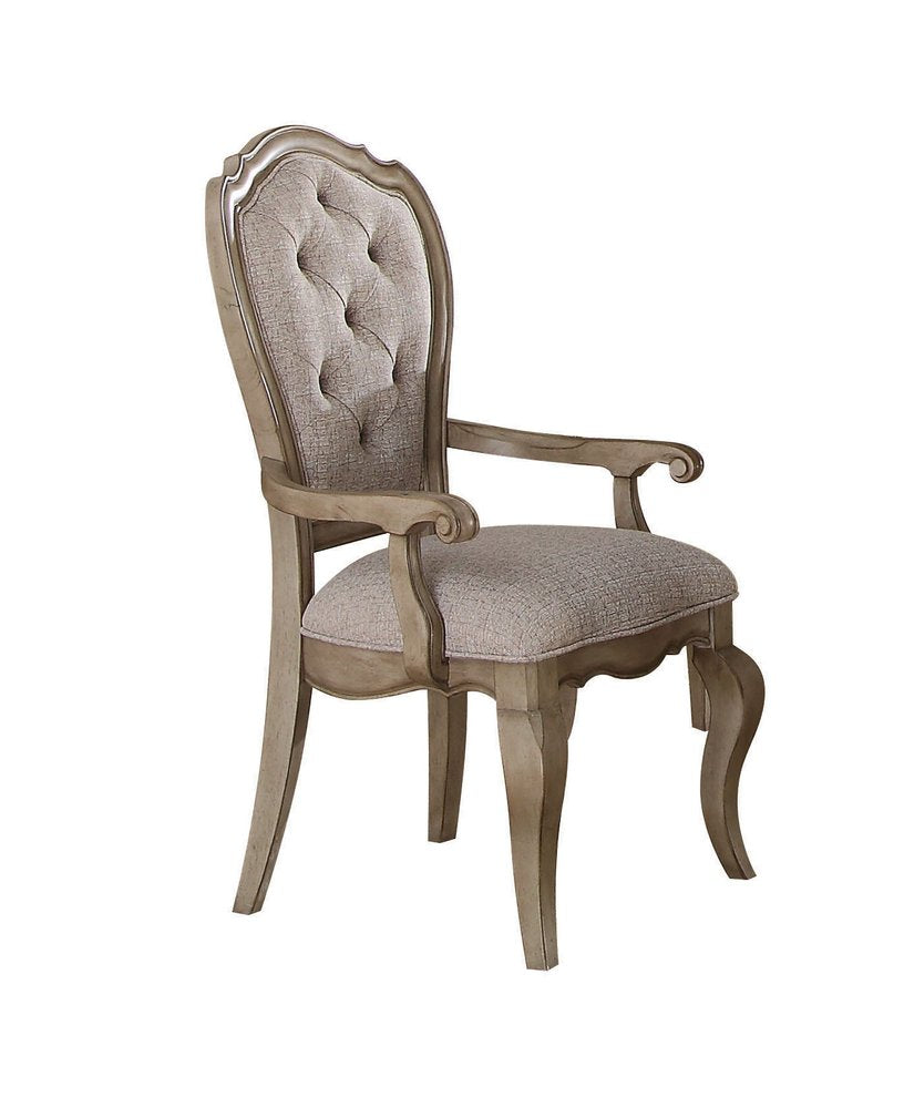 Set of Two Tufted Beige and Taupe Upholstered Fabric And Solid Wood Dining Arm Chairs on a white background