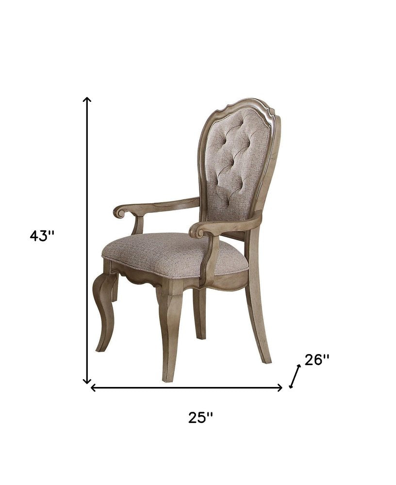 Set of Two Tufted Beige and Taupe Upholstered Fabric And Solid Wood Dining Arm Chairs on a white background