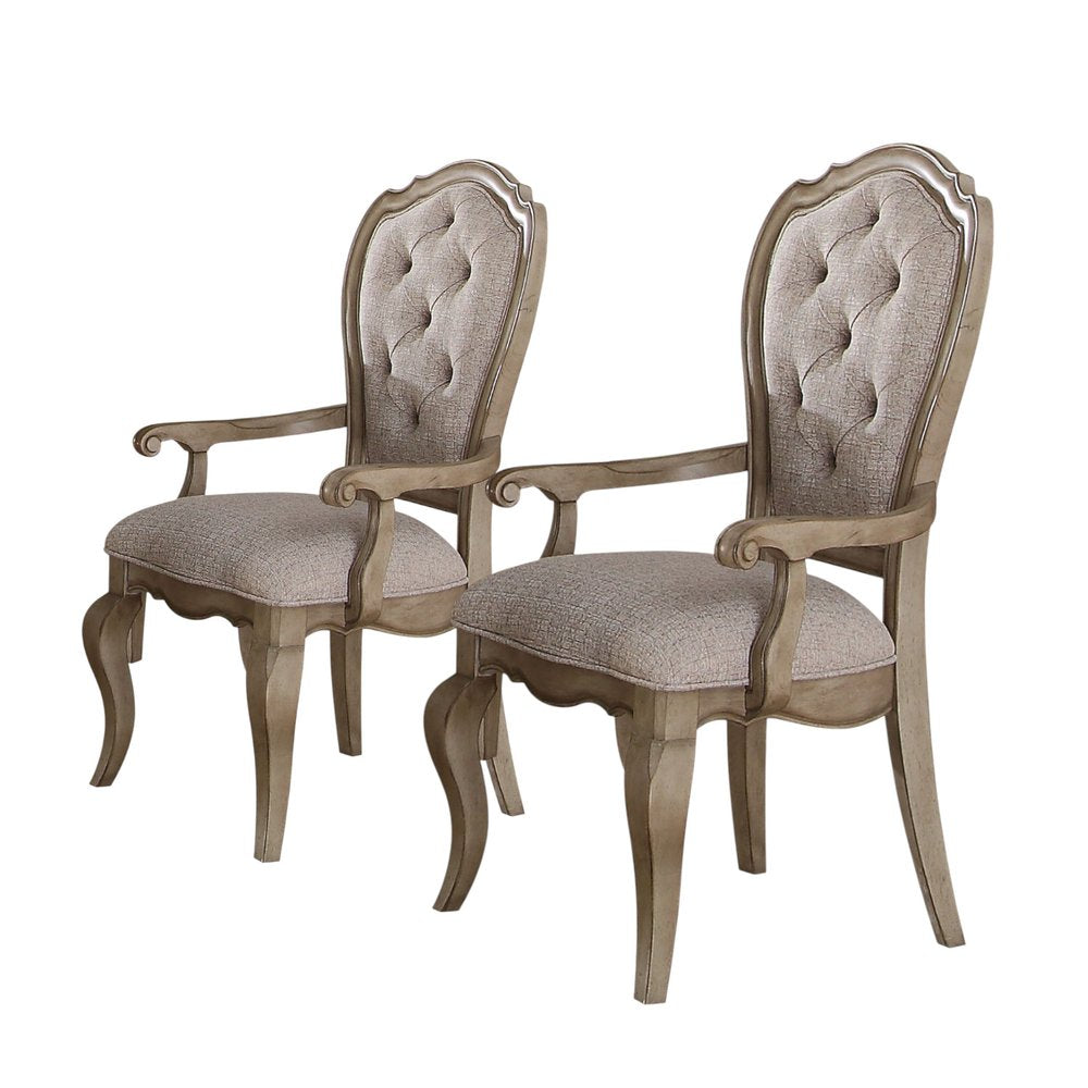 Set of Two Tufted Beige and Taupe Upholstered Fabric And Solid Wood Dining Arm Chairs on a white background