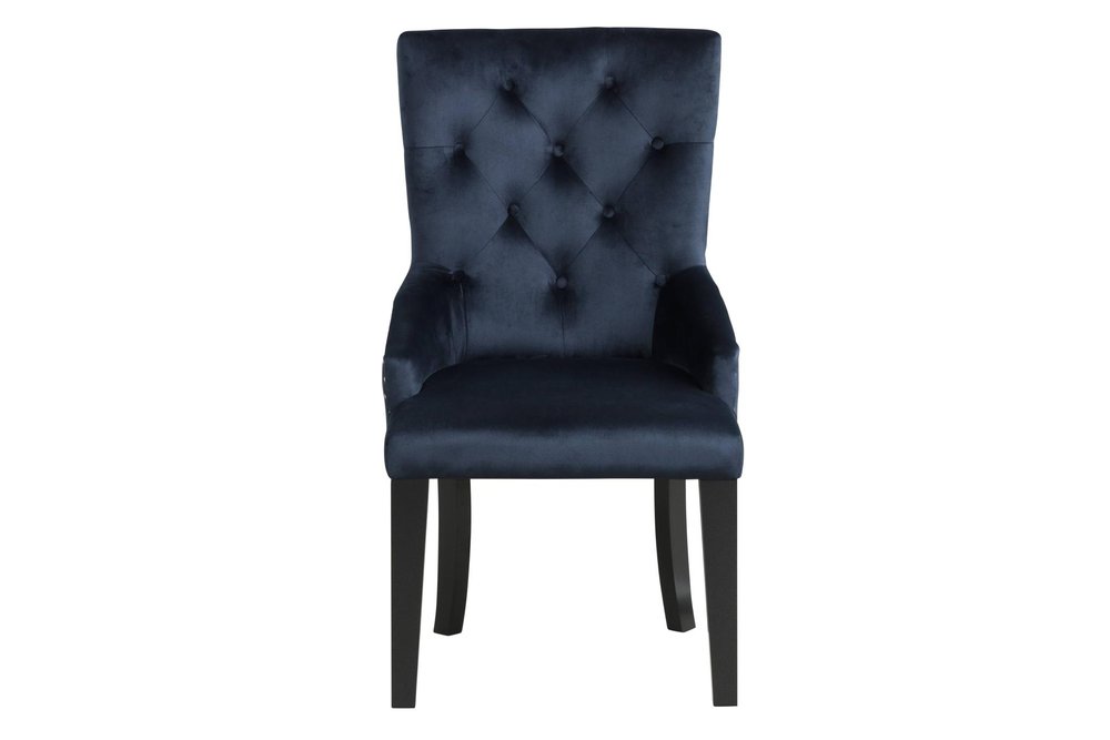 Tufted Dark Blue and Black Upholstered Velvet Dining Parsons Chair on a white background
