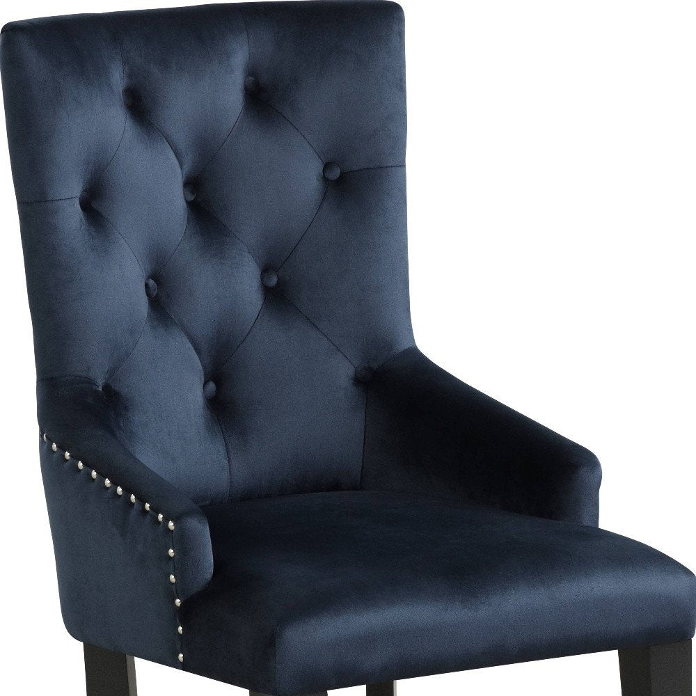 Tufted Dark Blue and Black Upholstered Velvet Dining Parsons Chair on a white background