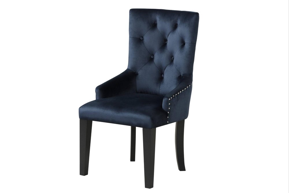 Tufted Dark Blue and Black Upholstered Velvet Dining Parsons Chair on a white background