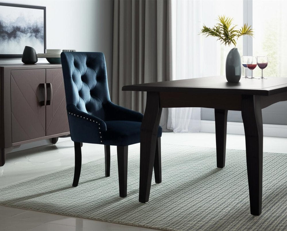 Tufted Dark Blue and Black Upholstered Velvet Dining Parsons Chair close-up detail