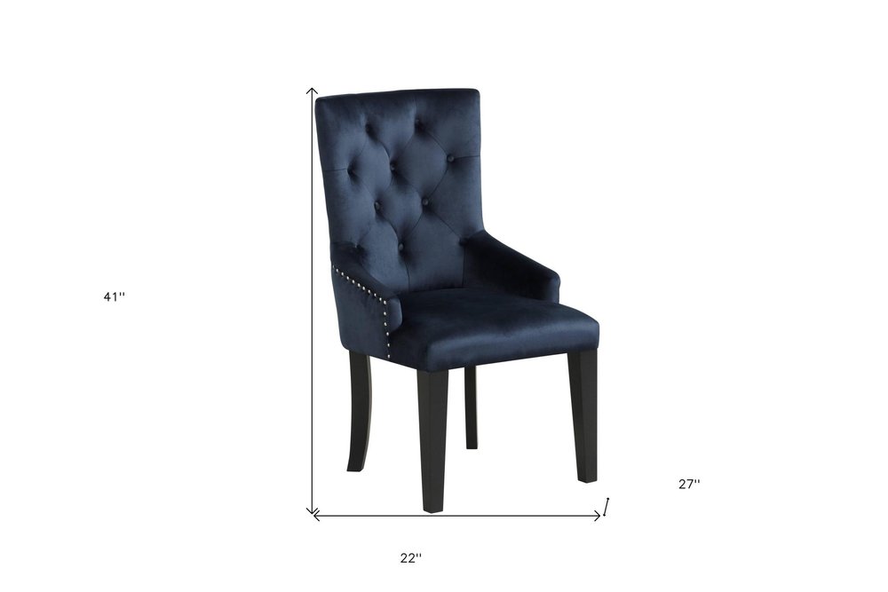 Tufted Dark Blue and Black Upholstered Velvet Dining Parsons Chair on a white background