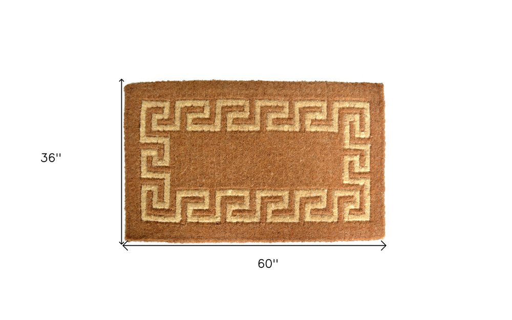 36" X 60" Brown Coir Greek Key Outdoor Door Mat. Doormat isolated on a plain white background, finished in brown.