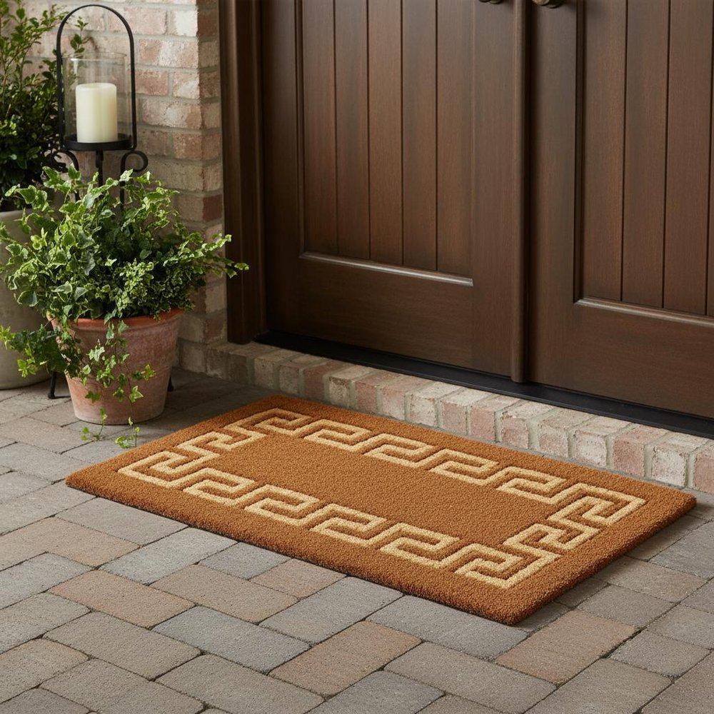 36" X 60" Brown Coir Greek Key Outdoor Door Mat styled in a furnished interior with a dark brown wall on a wood floor.