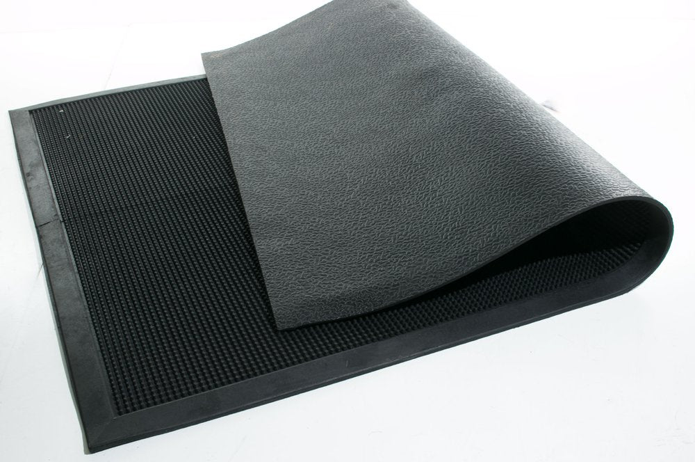 32" X 48" Black Rubber Outdoor Door Mat. Doormat isolated on a plain white background, finished in black.