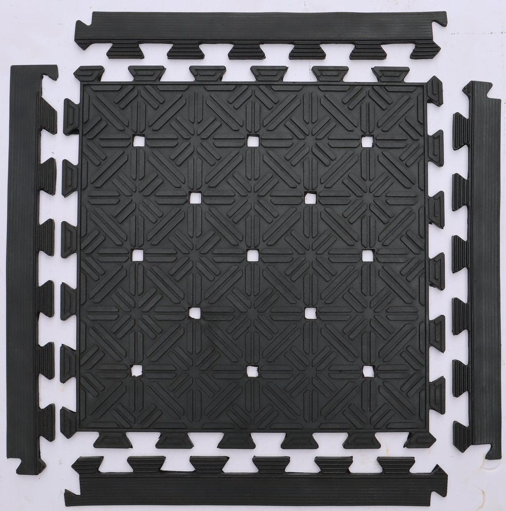 Set Of Four Square Interlocking Black Rubber Indoor Outdoor Mats close-up detail