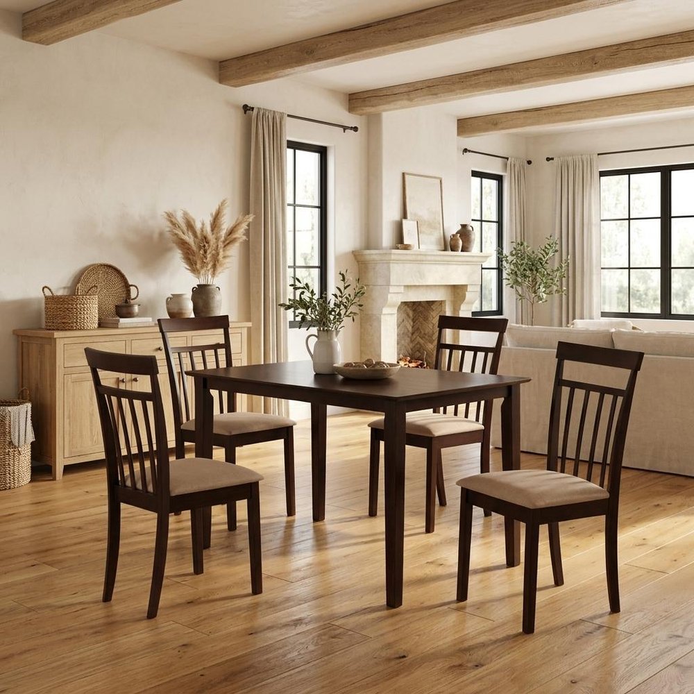 Five Piece Espresso Wood Dining Set with Four Chairs