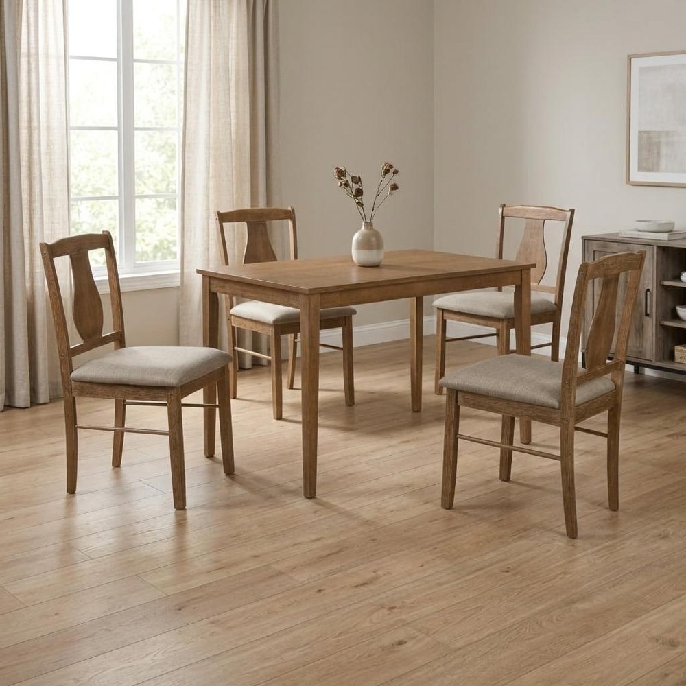 Five Piece Oak Solid Wood Dining Set with Four Chairs