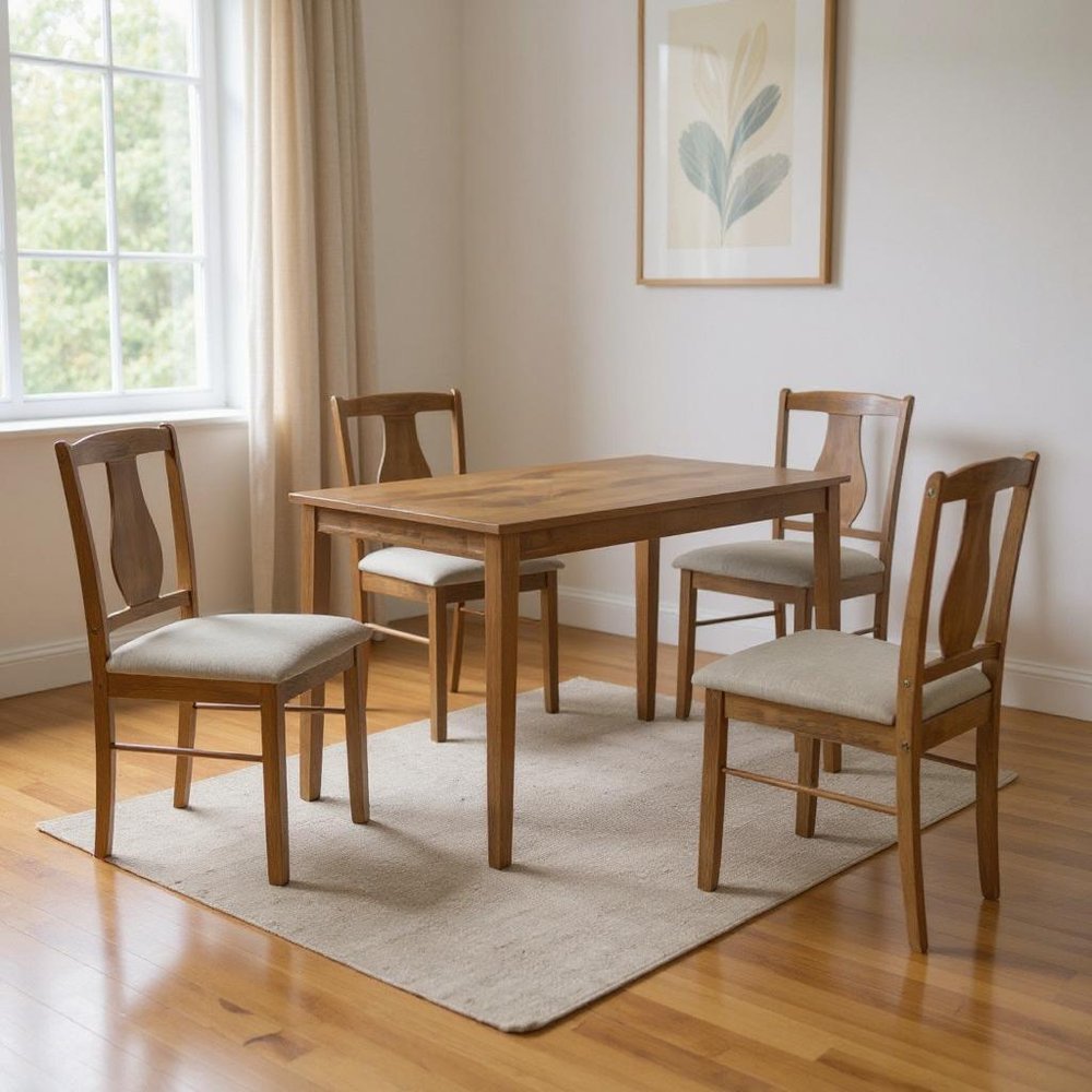 Five Piece Oak Solid Wood Dining Set with Four Chairs in a home interior