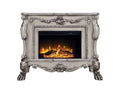 47" Bone Wood Ornate Carved Scrollwork Electric Free Standing Fireplace With Mantle. Fireplace isolated on a plain white background, showing a gray wood surface.