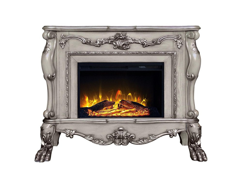 47" Bone Wood Ornate Carved Scrollwork Electric Free Standing Fireplace With Mantle. Fireplace isolated on a plain white background, showing a gray wood surface.