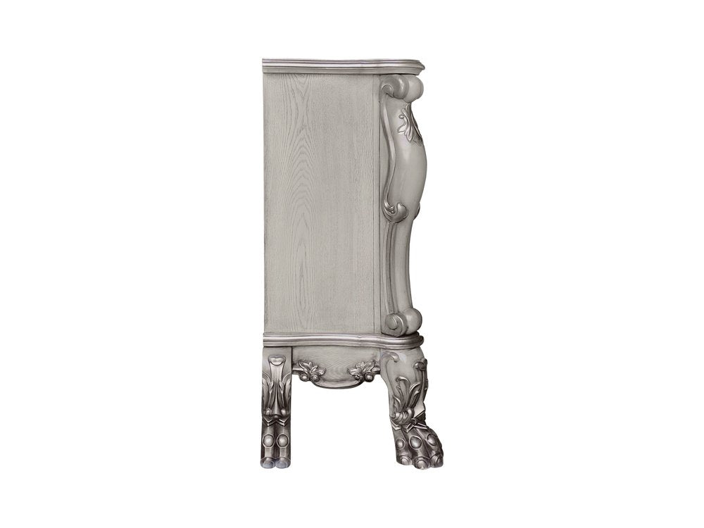 47" Bone Wood Ornate Carved Scrollwork Electric Free Standing Fireplace With Mantle. Fireplace isolated on a plain white background, in a light gray wood finish.