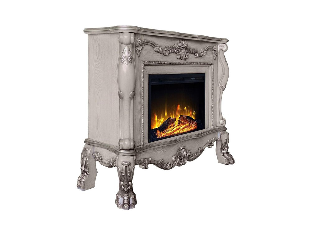 47" Bone Wood Ornate Carved Scrollwork Electric Free Standing Fireplace With Mantle. Fireplace isolated on a plain white background, showing a gray wood surface.