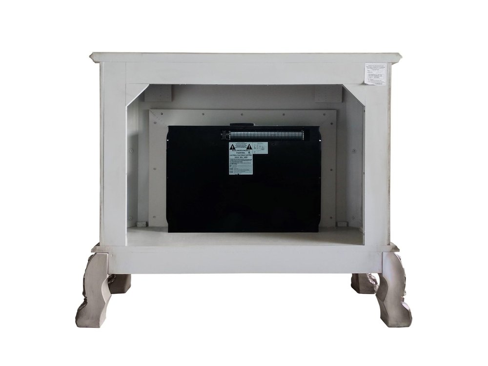47" Bone Wood Ornate Carved Scrollwork Electric Free Standing Fireplace With Mantle. Fireplace isolated on a plain white background, in a light gray wood finish.