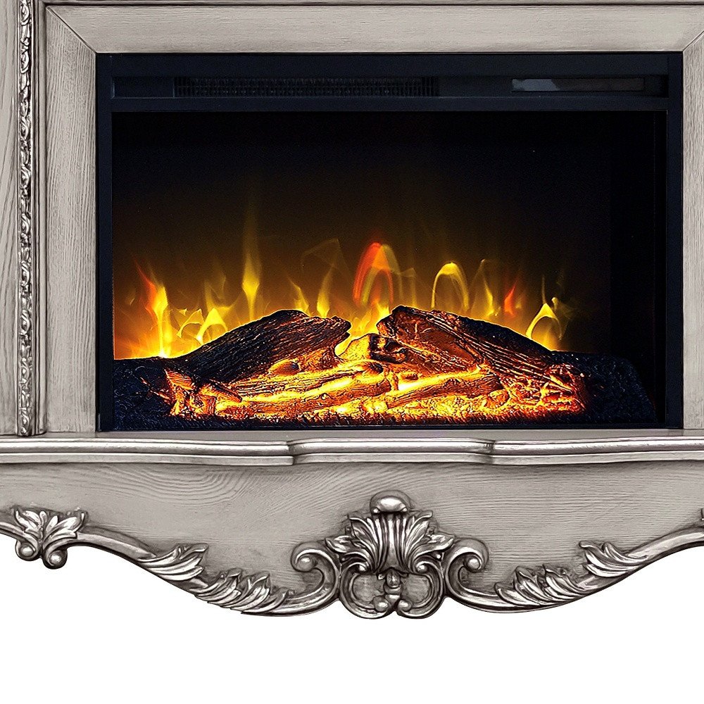 Close-up of 47" Bone Wood Ornate Carved Scrollwork Electric Free Standing Fireplace With Mantle showing black wood detail.