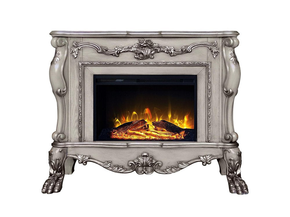 47" Bone Wood Ornate Carved Scrollwork Electric Free Standing Fireplace With Mantle. Fireplace isolated on a plain white background, showing a gray wood surface.