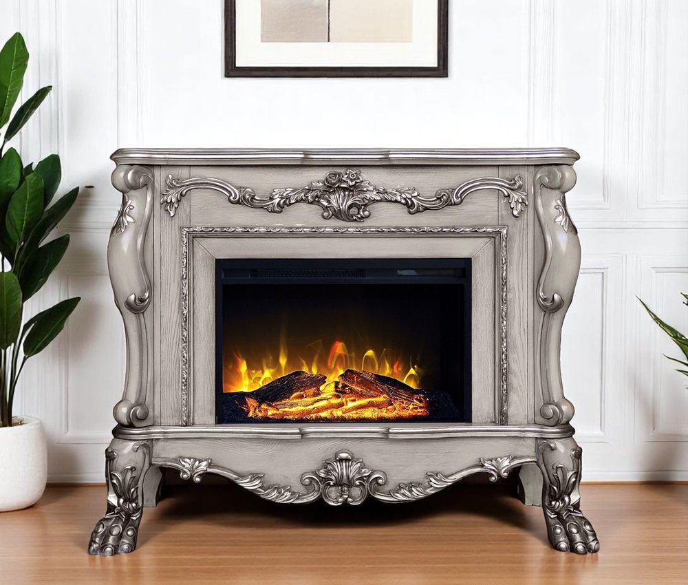 47" Bone Wood Ornate Carved Scrollwork Electric Free Standing Fireplace With Mantle. Fireplace in light gray wood.