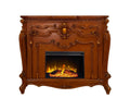 Brown wood ornate carved scrollwork electric fireplace with a glowing fire.