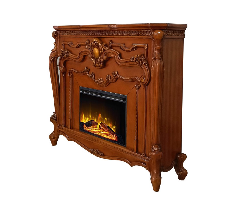 59" Brown Wood Ornate Carved Scrollwork Electric Fireplace With Mantle. Fireplace isolated on a plain white background, showing a brown wood surface.