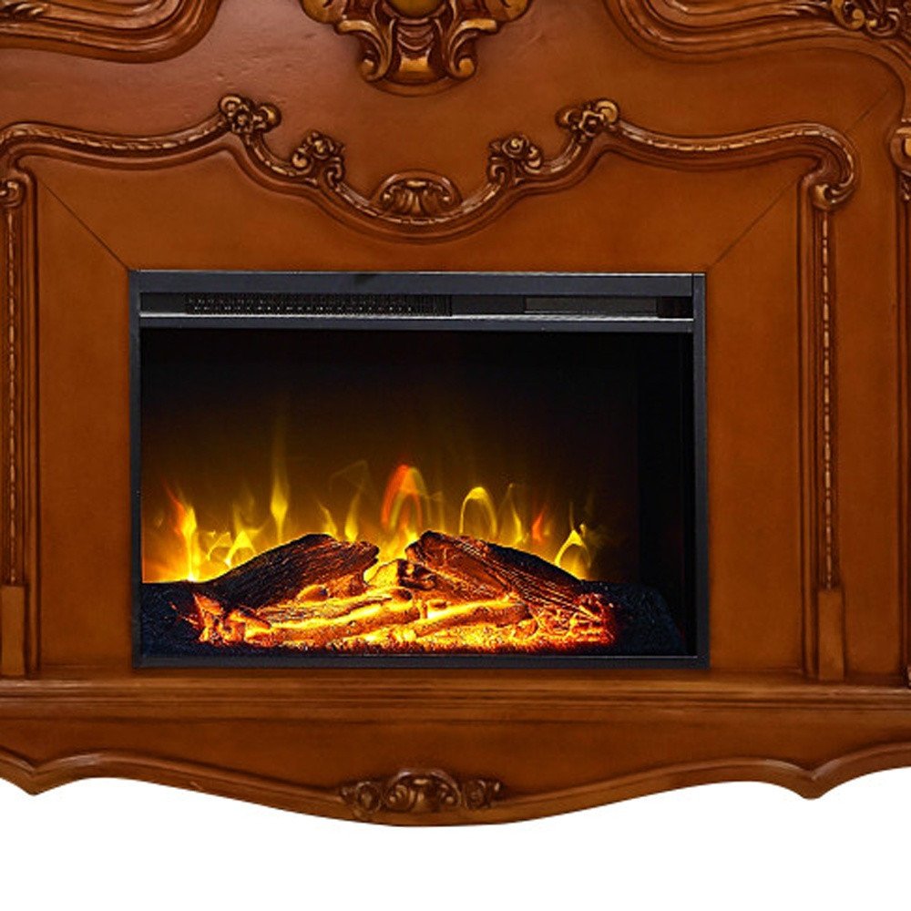 59" Brown Wood Ornate Carved Scrollwork Electric Fireplace With Mantle detail shot of the brown wood finish.