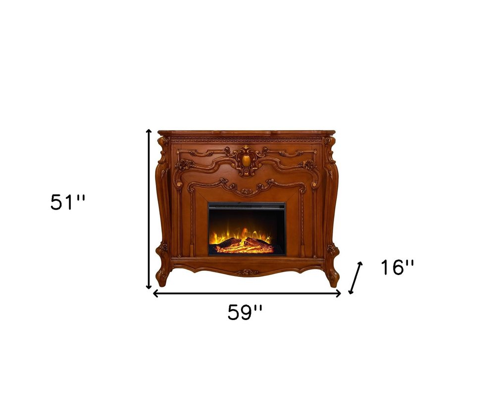 59" Brown Wood Ornate Carved Scrollwork Electric Fireplace With Mantle. Fireplace isolated on a plain white background, in a brown wood finish.