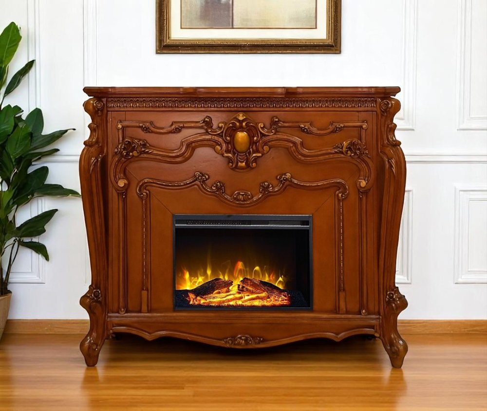 59" Brown Wood Ornate Carved Scrollwork Electric Fireplace With Mantle. Fireplace in brown wood.
