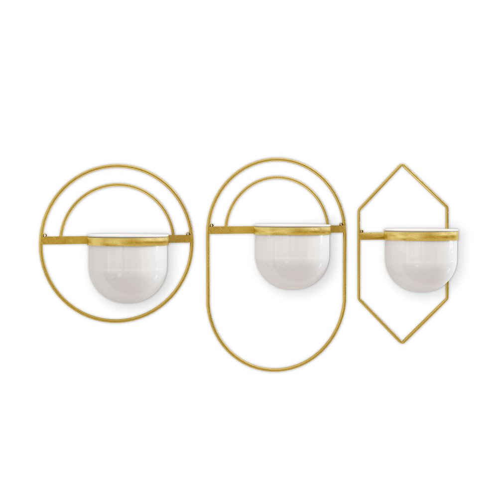 Three gold metal wall planters with white ceramic bowls against a white background.