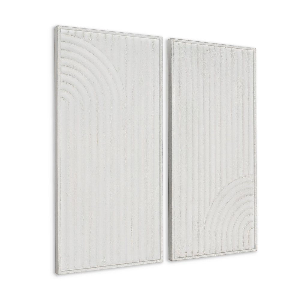 Two white metal abstract dimensional sculptures with ribbed texture and curved line designs, displayed against a white background.