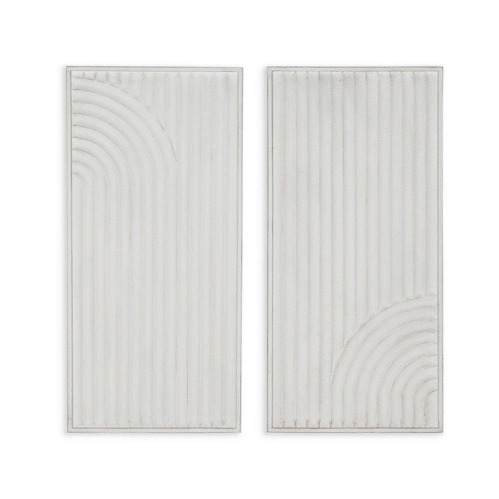 Set of Two White Metal Abstract Hanging Dimensional Sculptures on a white background