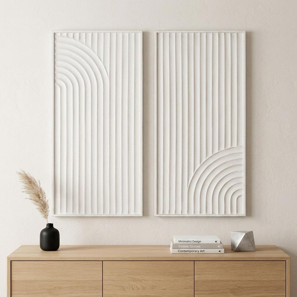 Set of Two White Metal Abstract Hanging Dimensional Sculptures in a home interior