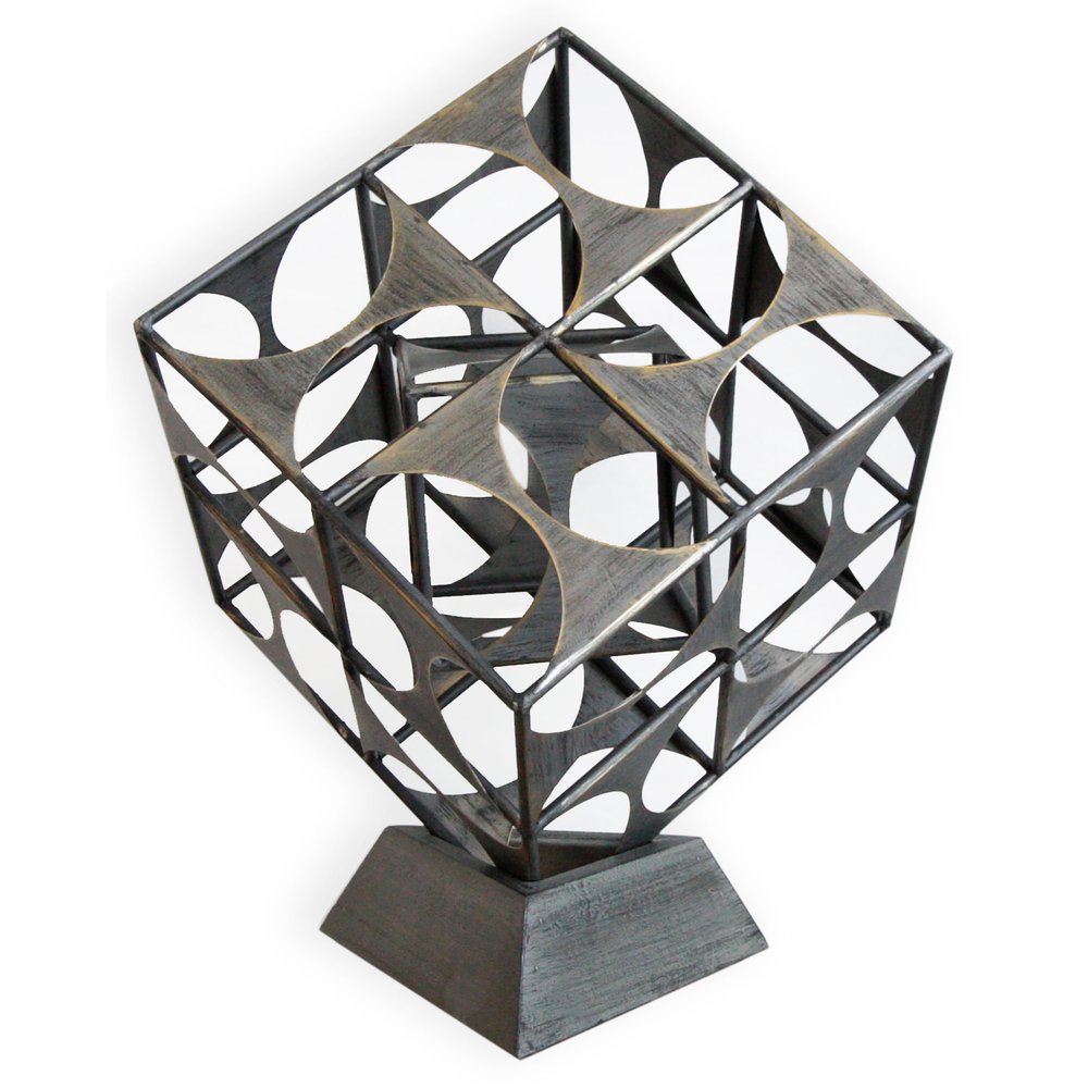 20" Gray Metal Geo Cube Tabletop Sculpture. Sculpture isolated on a plain white background, in a gray metal finish.
