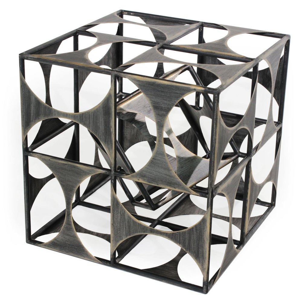 20" Gray Metal Geo Cube Tabletop Sculpture. Sculpture isolated on a plain white background, showing a gray metal surface.