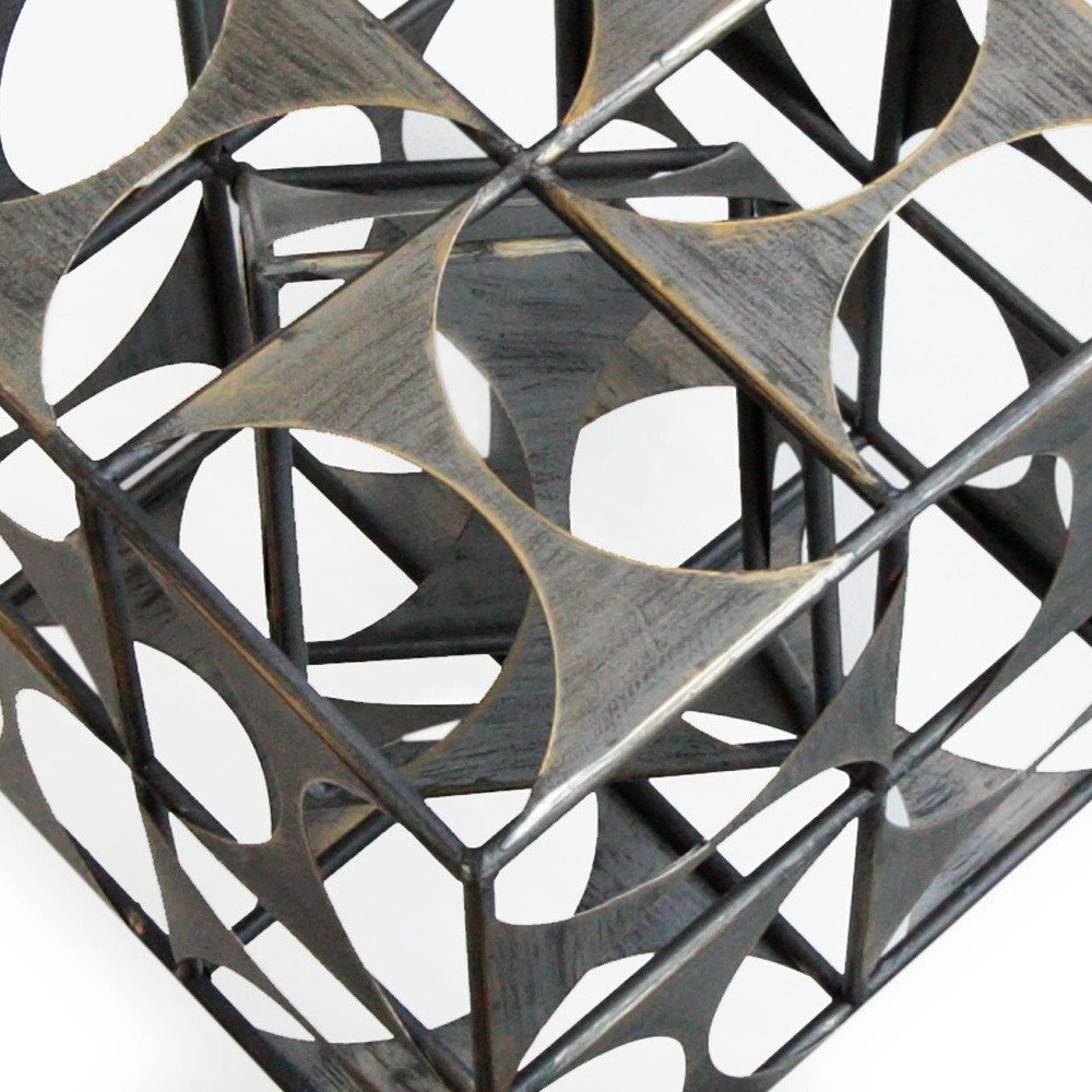 20" Gray Metal Geo Cube Tabletop Sculpture. Sculpture isolated on a plain white background, in a gray metal finish.