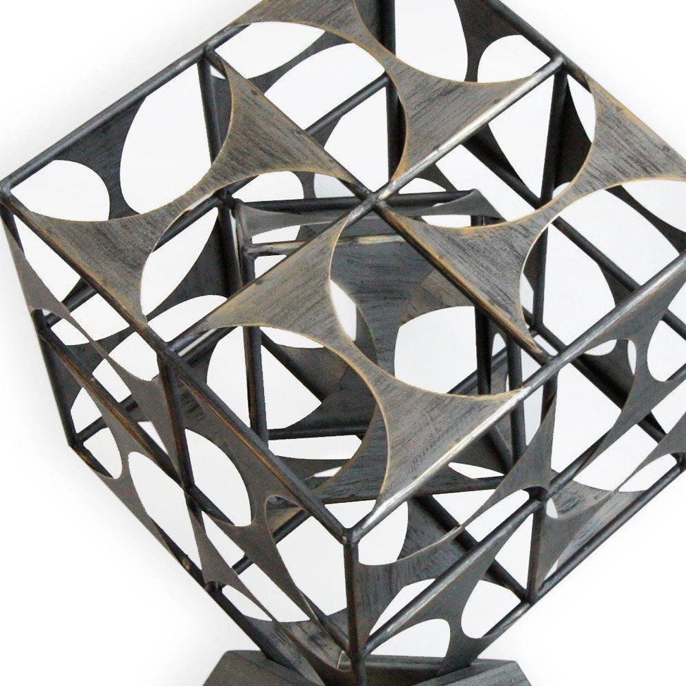 20" Gray Metal Geo Cube Tabletop Sculpture. Sculpture isolated on a plain white background, finished in gray metal.