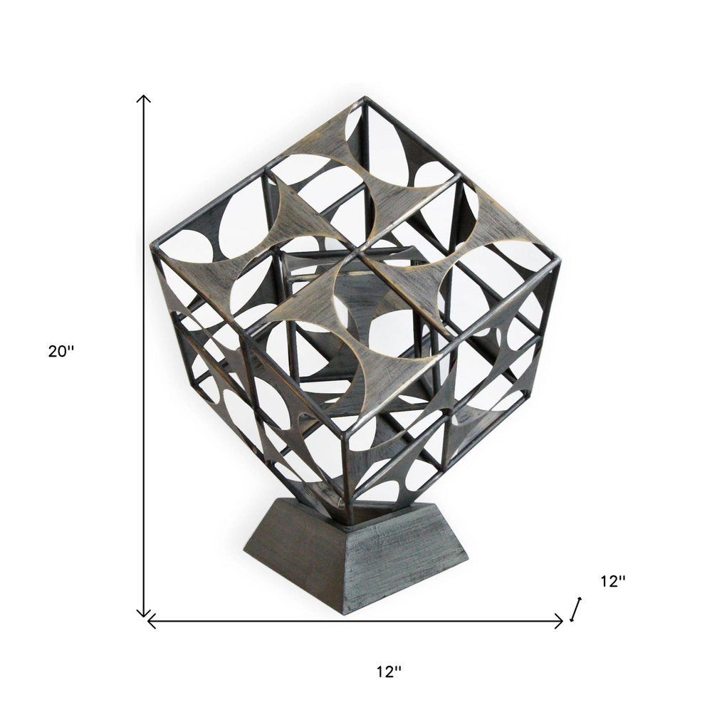 20" Gray Metal Geo Cube Tabletop Sculpture. Sculpture isolated on a plain white background, showing a gray metal surface.