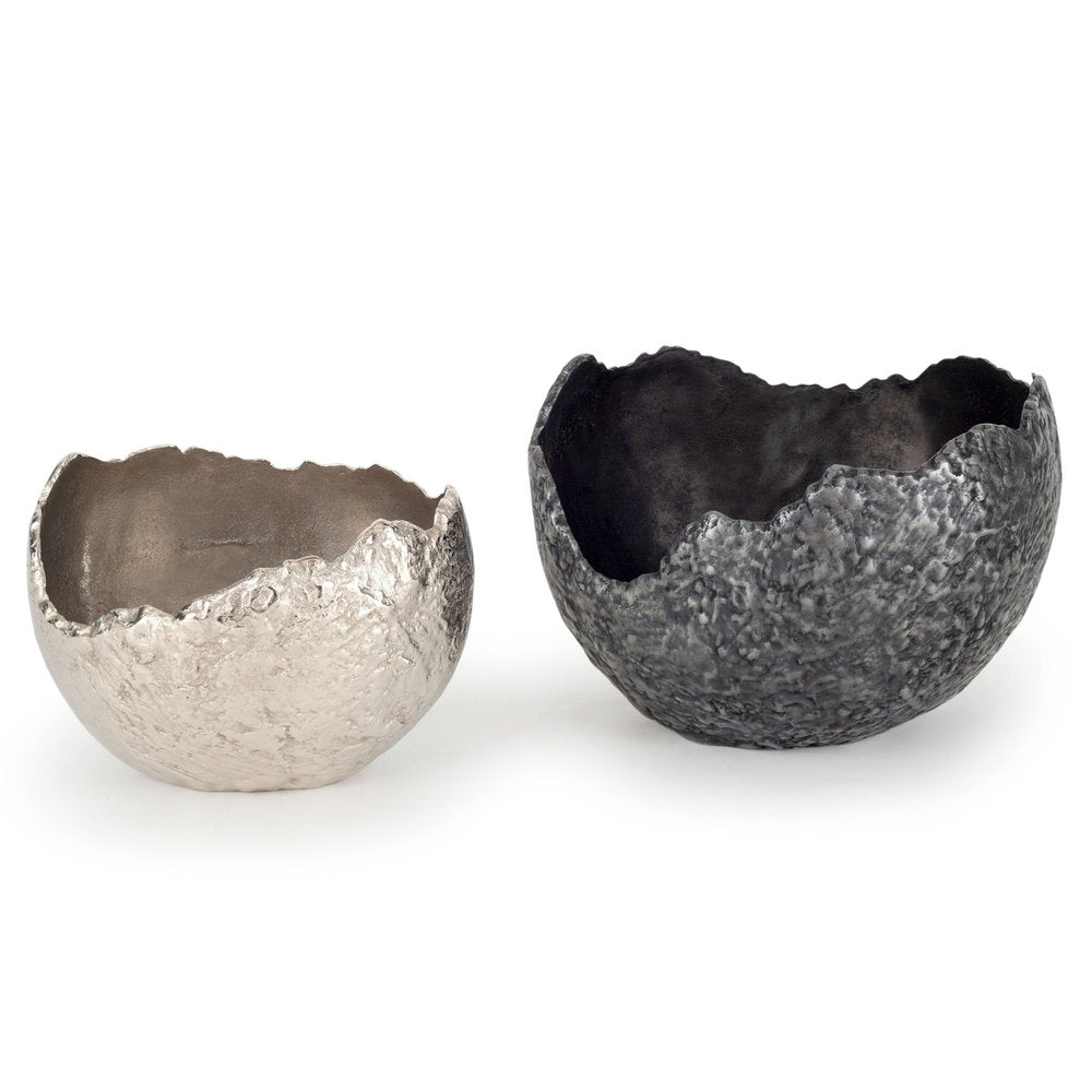 Set of Two Gray And Silver Aluminum Decorative Bowls on a white background