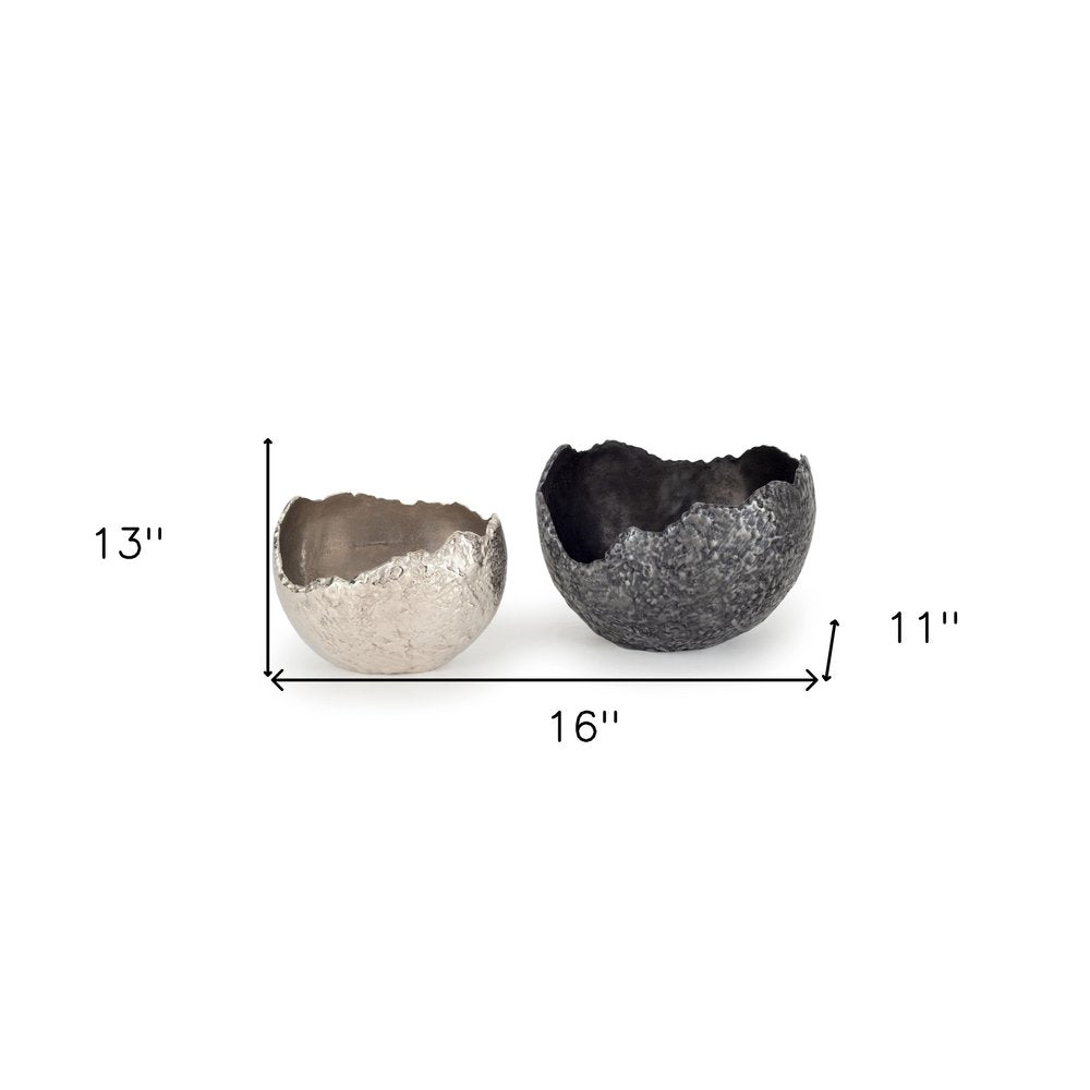 Set of Two Gray And Silver Aluminum Decorative Bowls on a white background