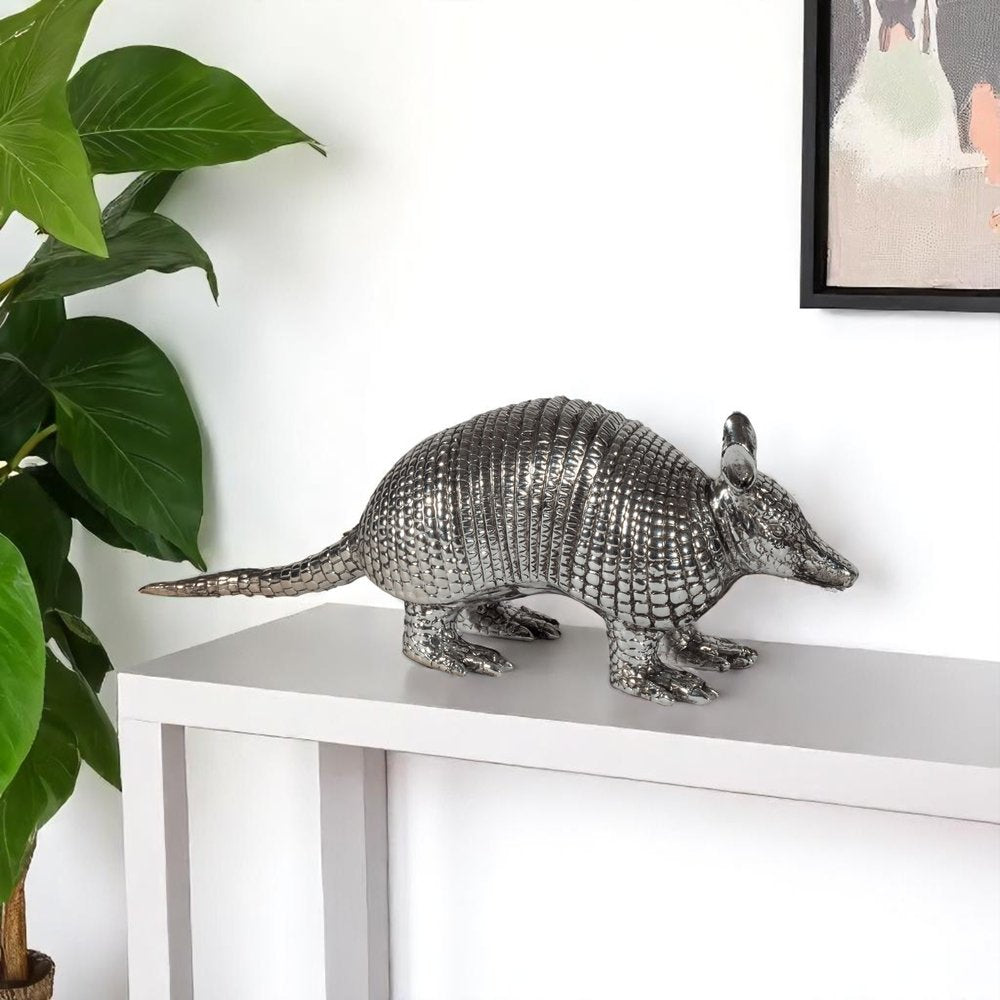 18" Silver Resin Armadillo Figurine. Home product in silver resin.