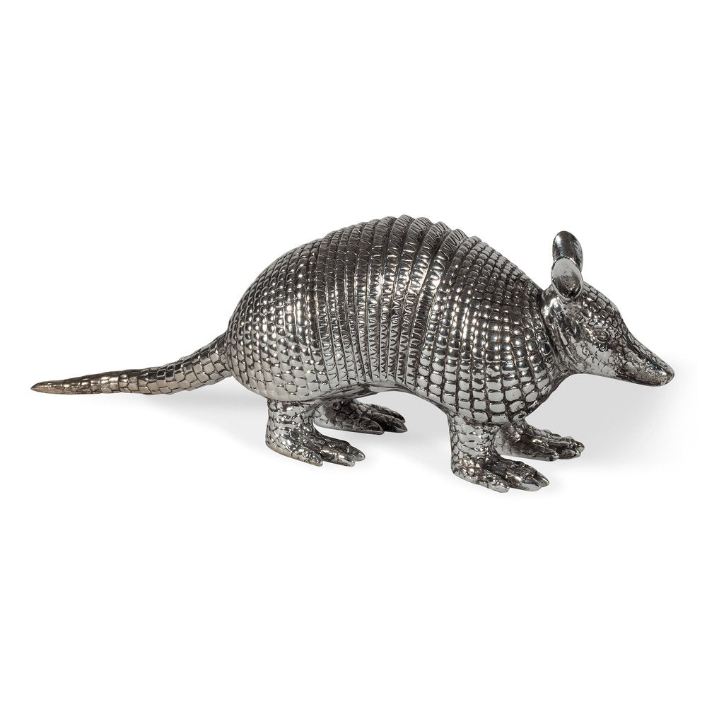 18" Silver Resin Armadillo Figurine. Home product isolated on a plain white background, finished in silver resin.