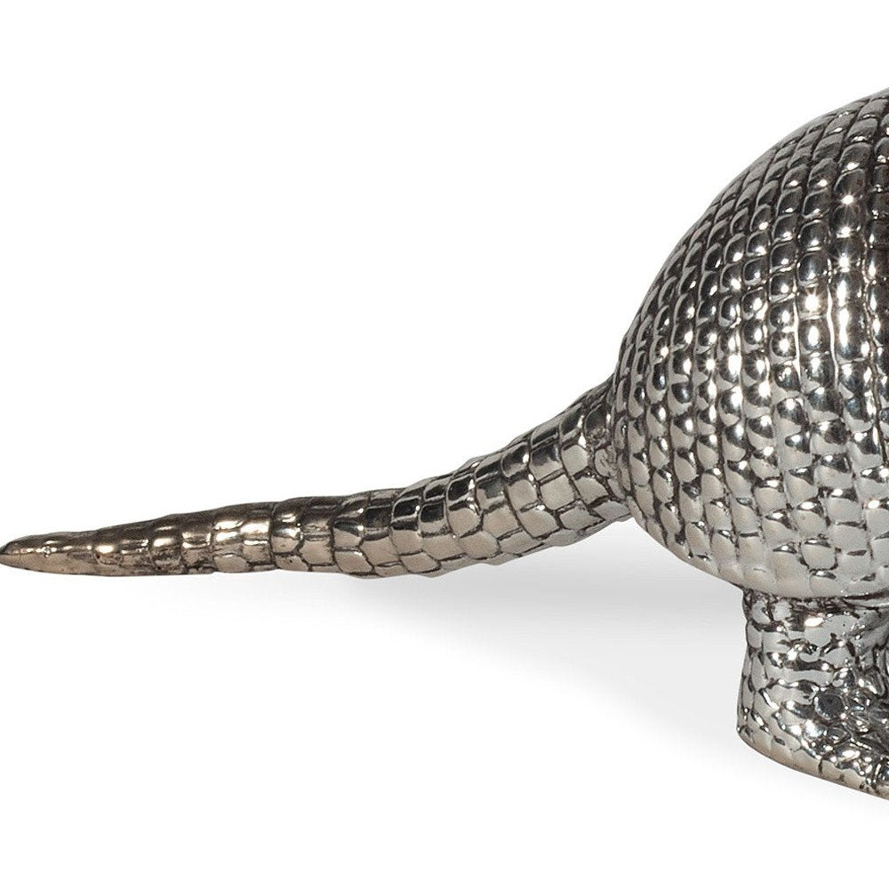 18" Silver Resin Armadillo Figurine. Home product isolated on a plain white background, showing a silver resin surface.