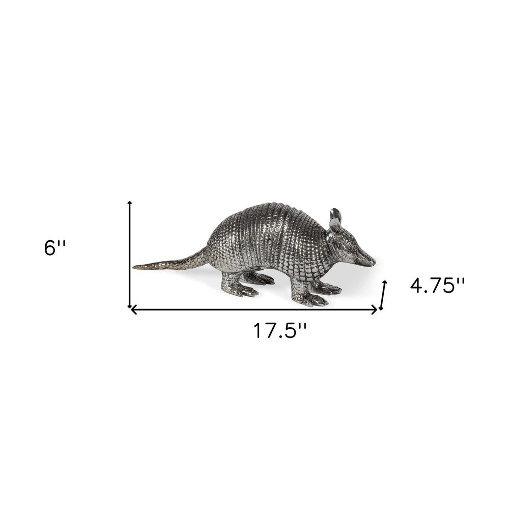 18" Silver Resin Armadillo Figurine. Home product isolated on a plain white background, in a silver resin finish.