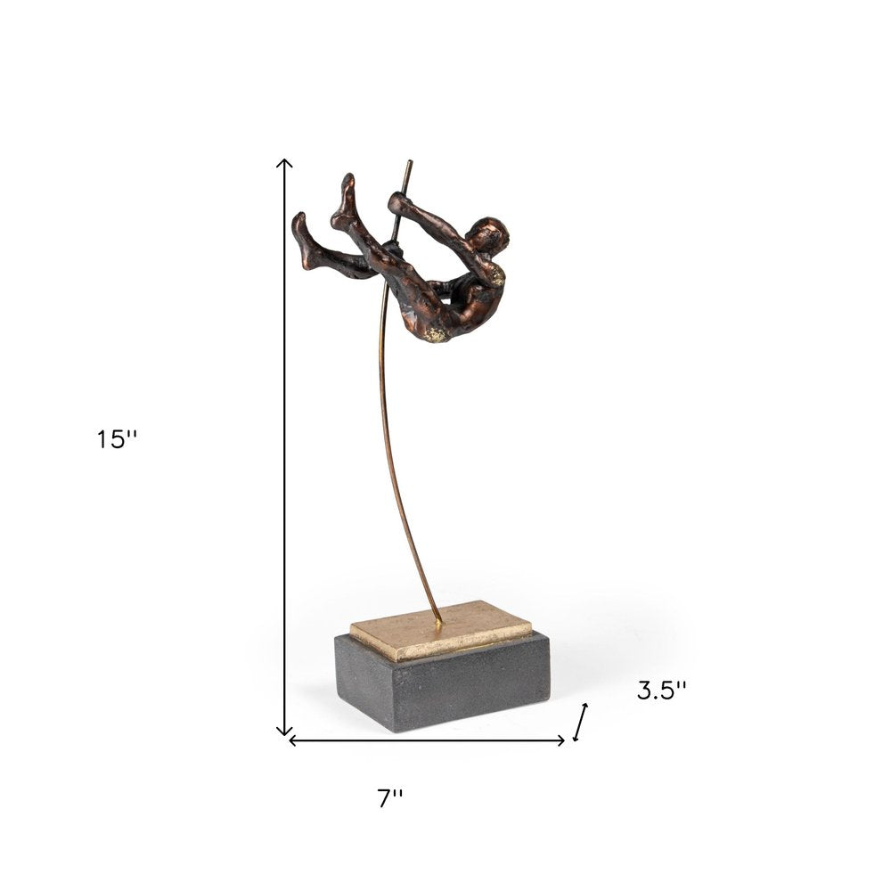 15" Bronze Resin Pole Vaulting Man Tabletop Sculpture. Sculpture isolated on a plain white background, showing a resin surface.