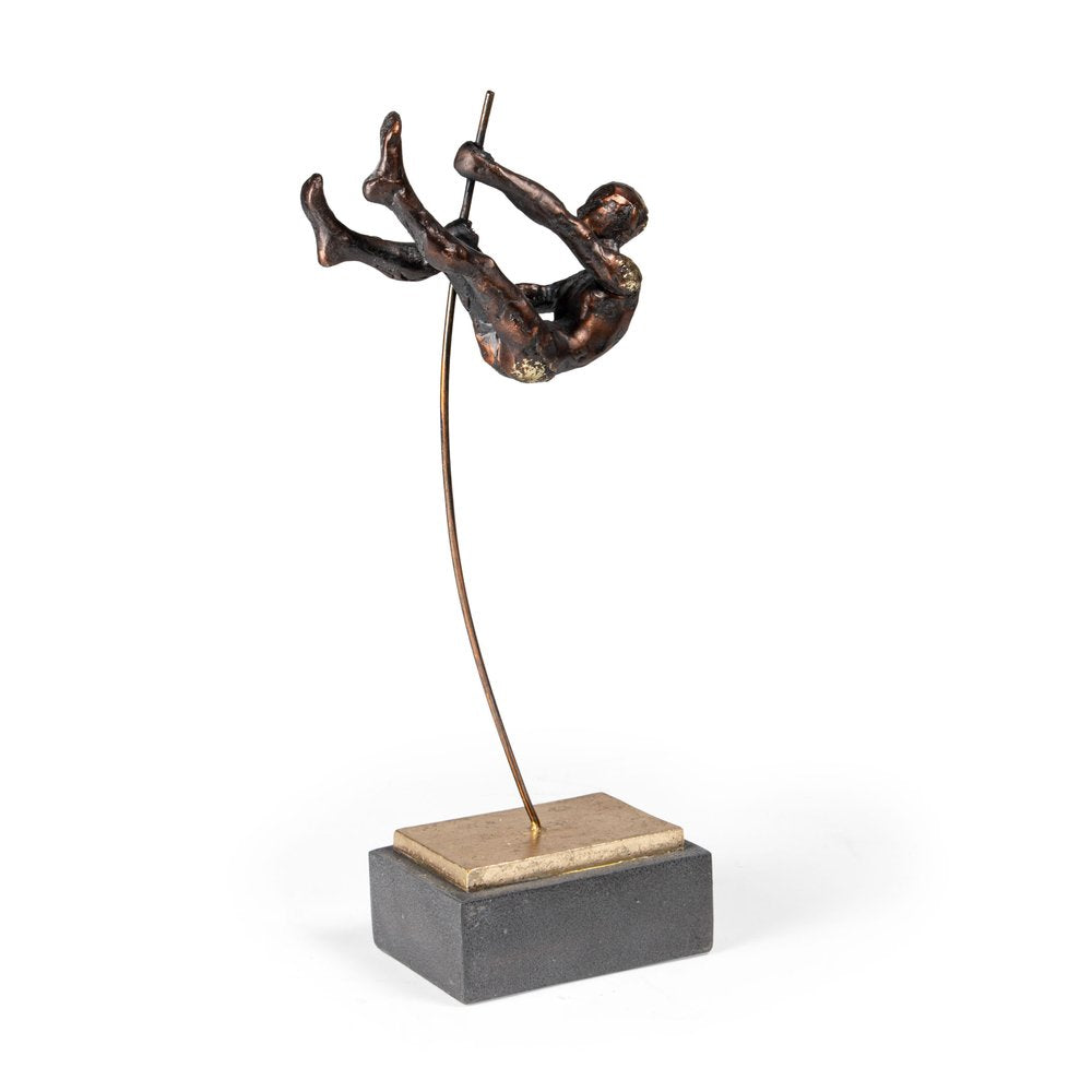 15" Bronze Resin Pole Vaulting Man Tabletop Sculpture. Sculpture isolated on a plain white background, showing a resin surface.