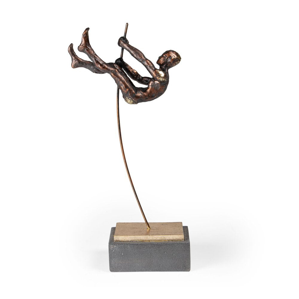 15" Bronze Resin Pole Vaulting Man Tabletop Sculpture. Sculpture isolated on a plain white background, showing a resin surface.