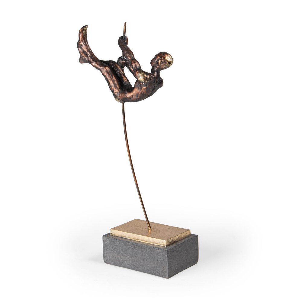 15" Bronze Resin Pole Vaulting Man Tabletop Sculpture. Sculpture isolated on a plain white background, showing a resin surface.