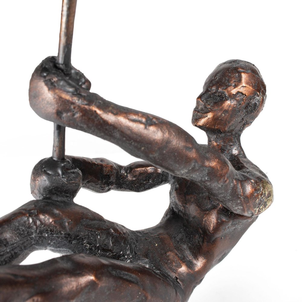 15" Bronze Resin Pole Vaulting Man Tabletop Sculpture. Sculpture isolated on a plain white background, showing a resin surface.
