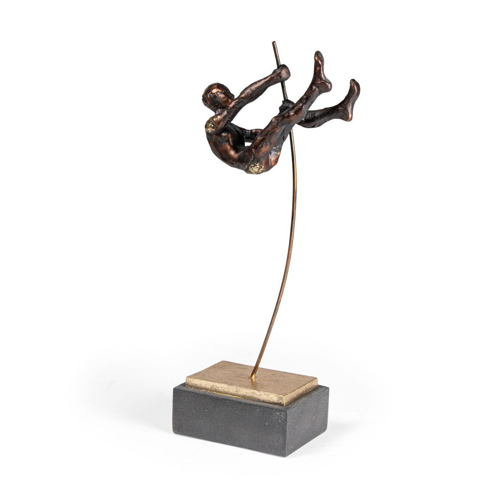 15" Bronze Resin Pole Vaulting Man Tabletop Sculpture. Sculpture isolated on a plain white background, showing a resin surface.