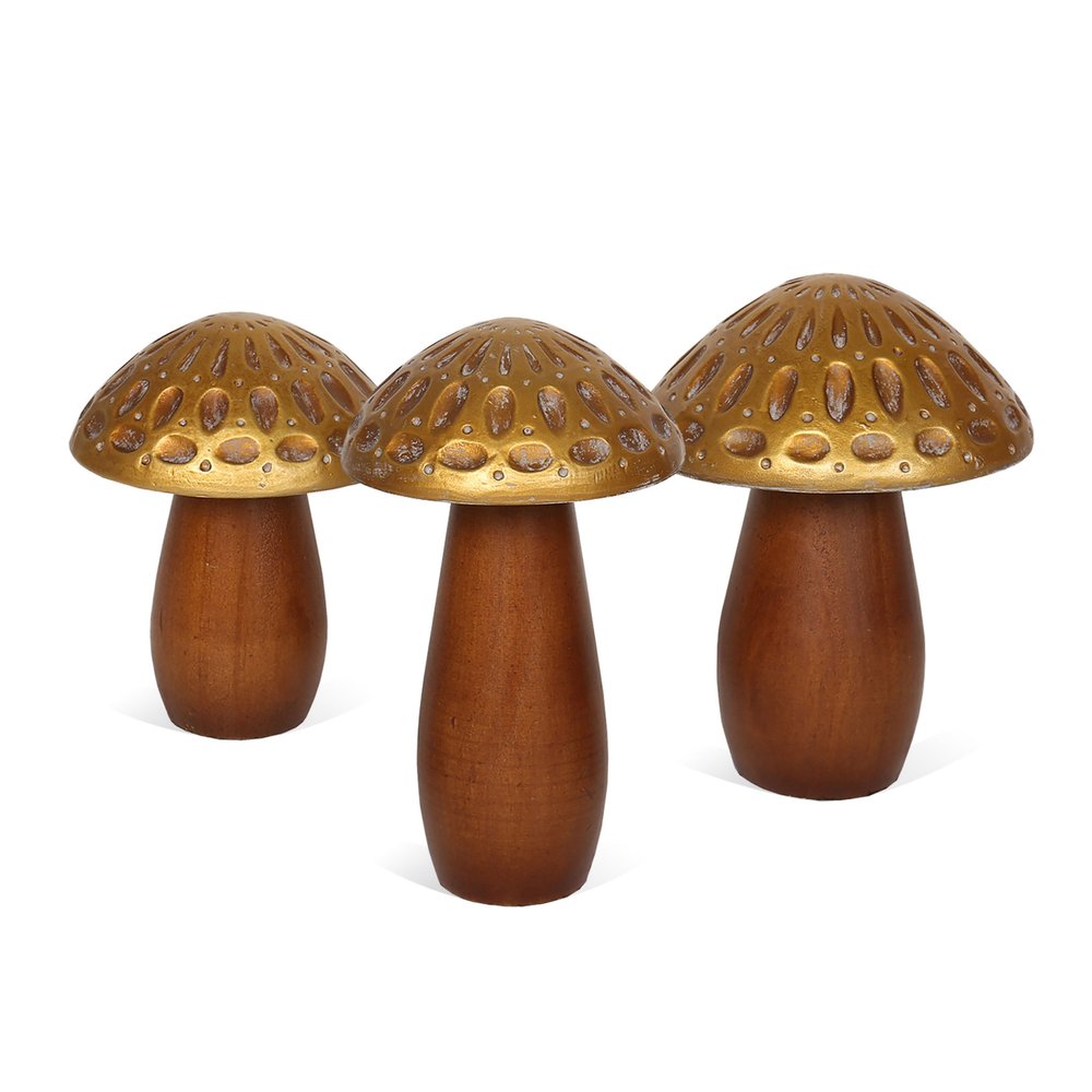 Set of Three Brown And Gold Wood Mushroom Tabletop Sculptures on a white background